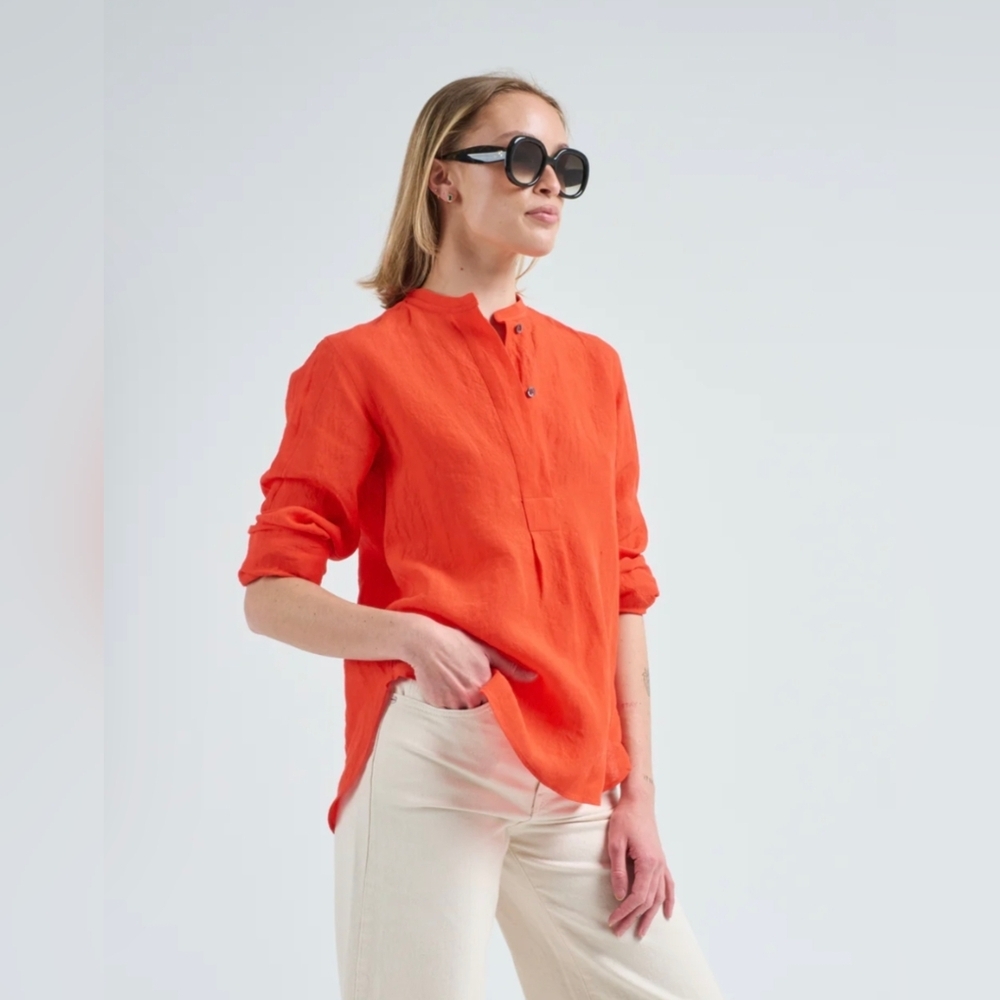 Eileen Fisher Organic Irish Linen Henley Blouse Orange Minimalist Top